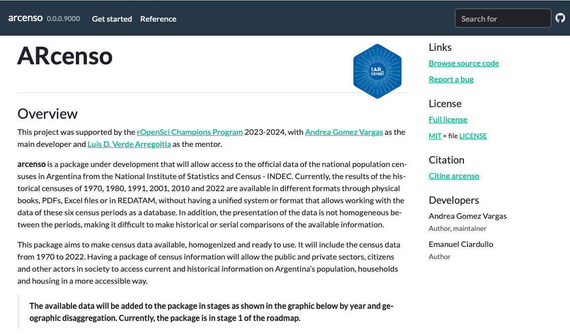 Sitio web packagedown del paquete arcenso desarrollado por Andrea como su proyecto en el programa de campeones