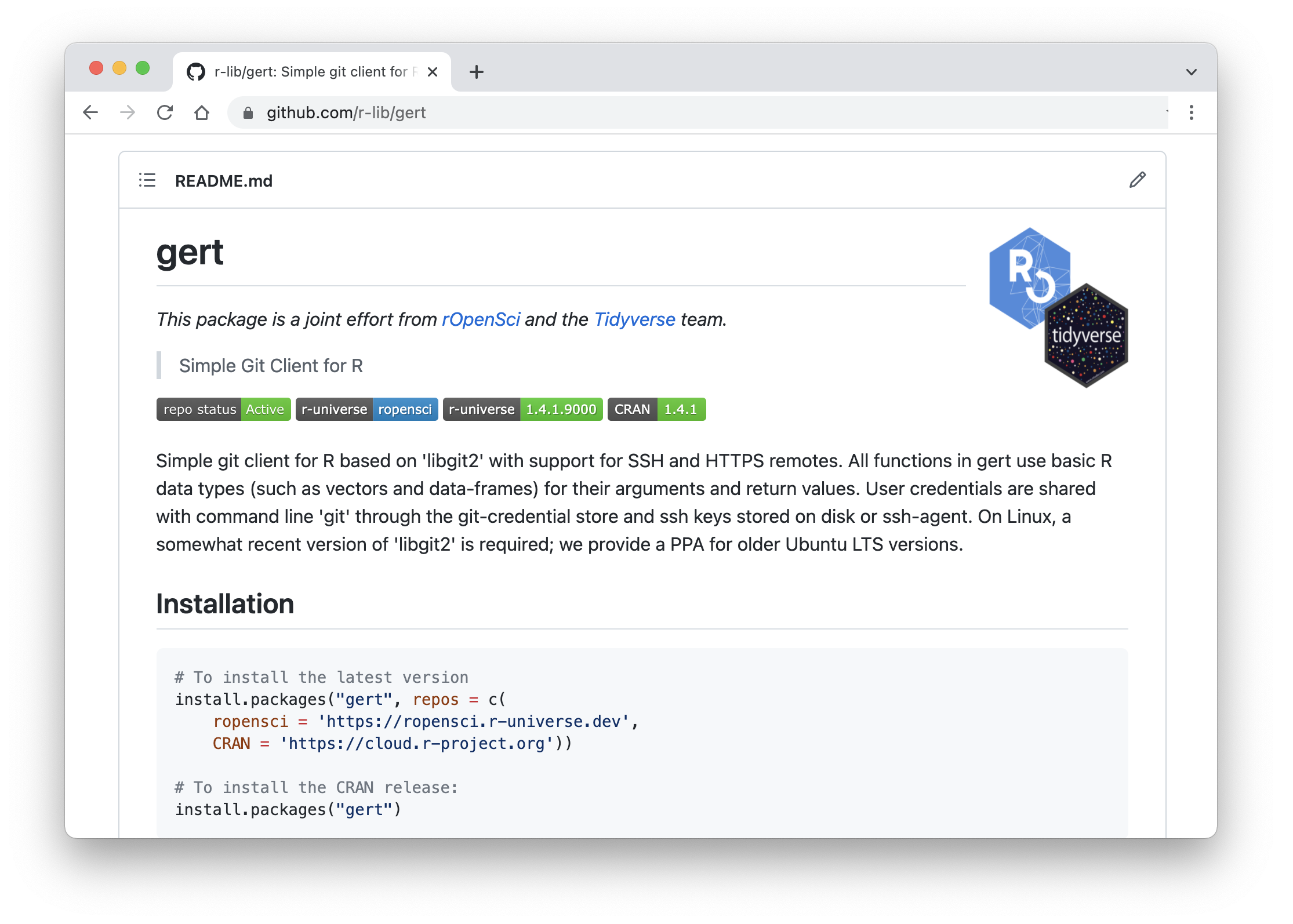 README of the gert package showing the badge in use
