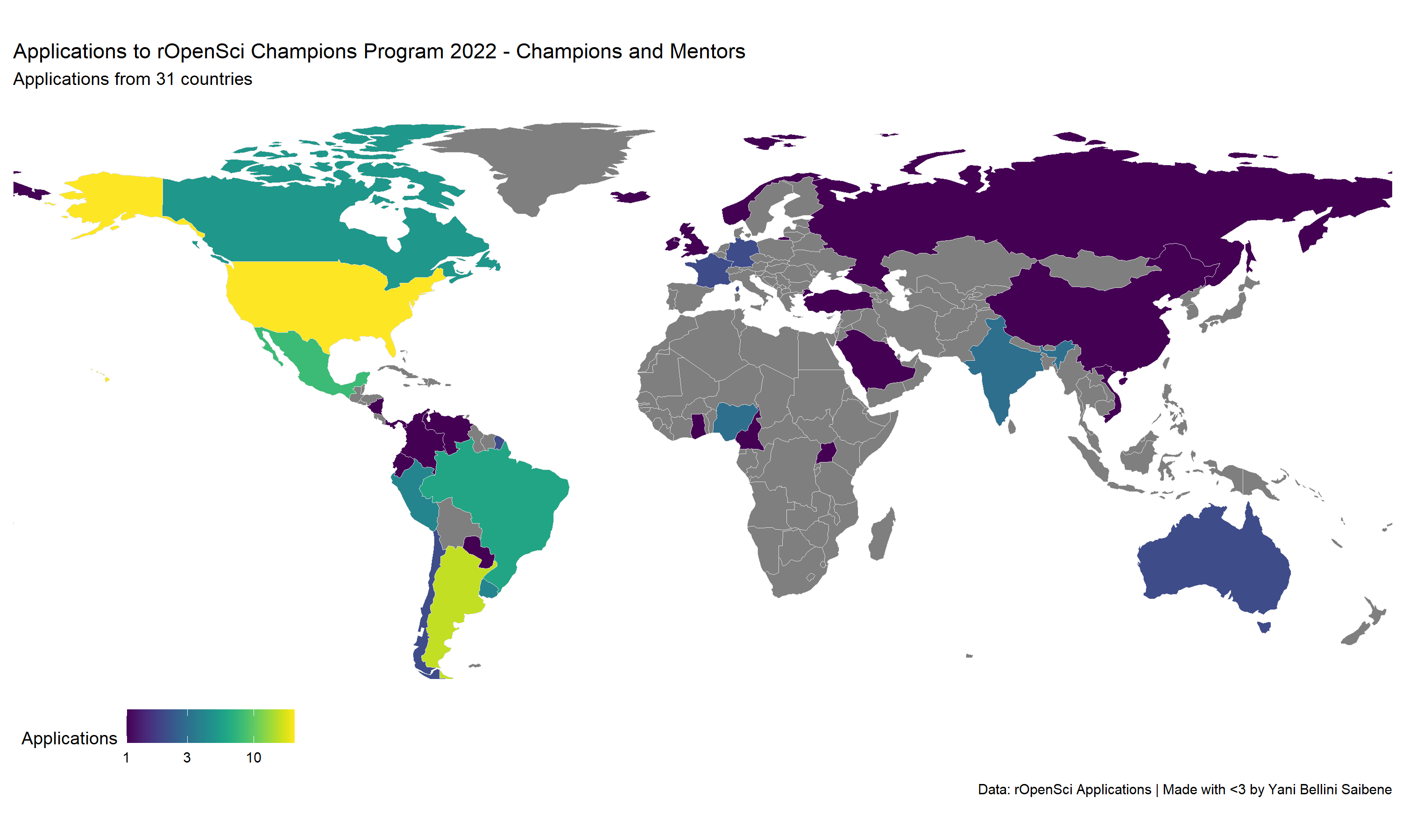 Map of the world with the countries colored according to the number of applications. Applications are shown in America, Europe, Oceania, Asia and Africa (in that order with respect to the number of applications).
