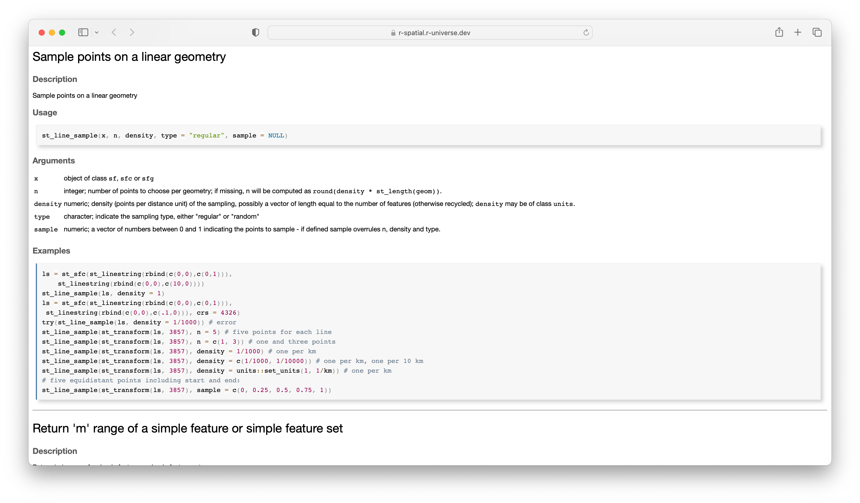Screenshot of a chapter in the HTML reference manual for a package, showing descriptions, parameters, and examples for a function.
