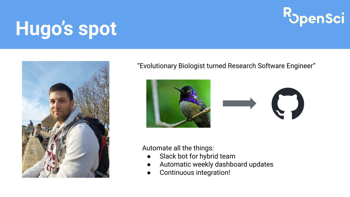 Example slide introducing the February community host, Hugo