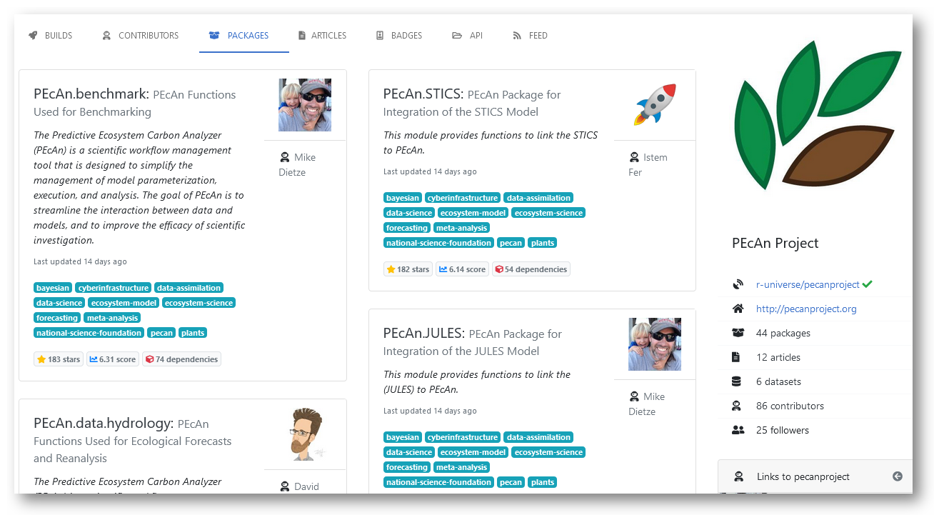 PEcAn project's R universe, package view.