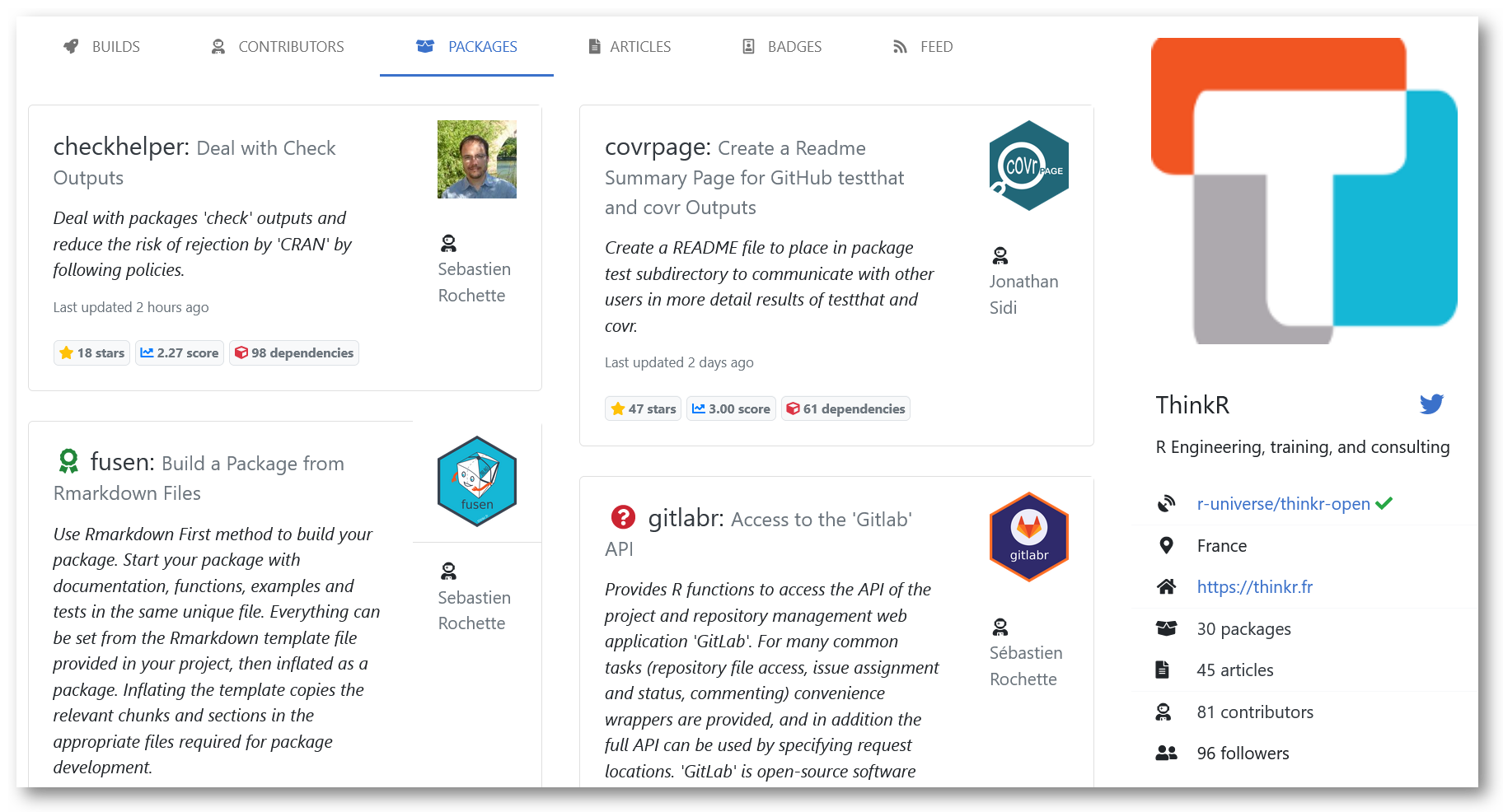 Thinkr's R Universe, package view.