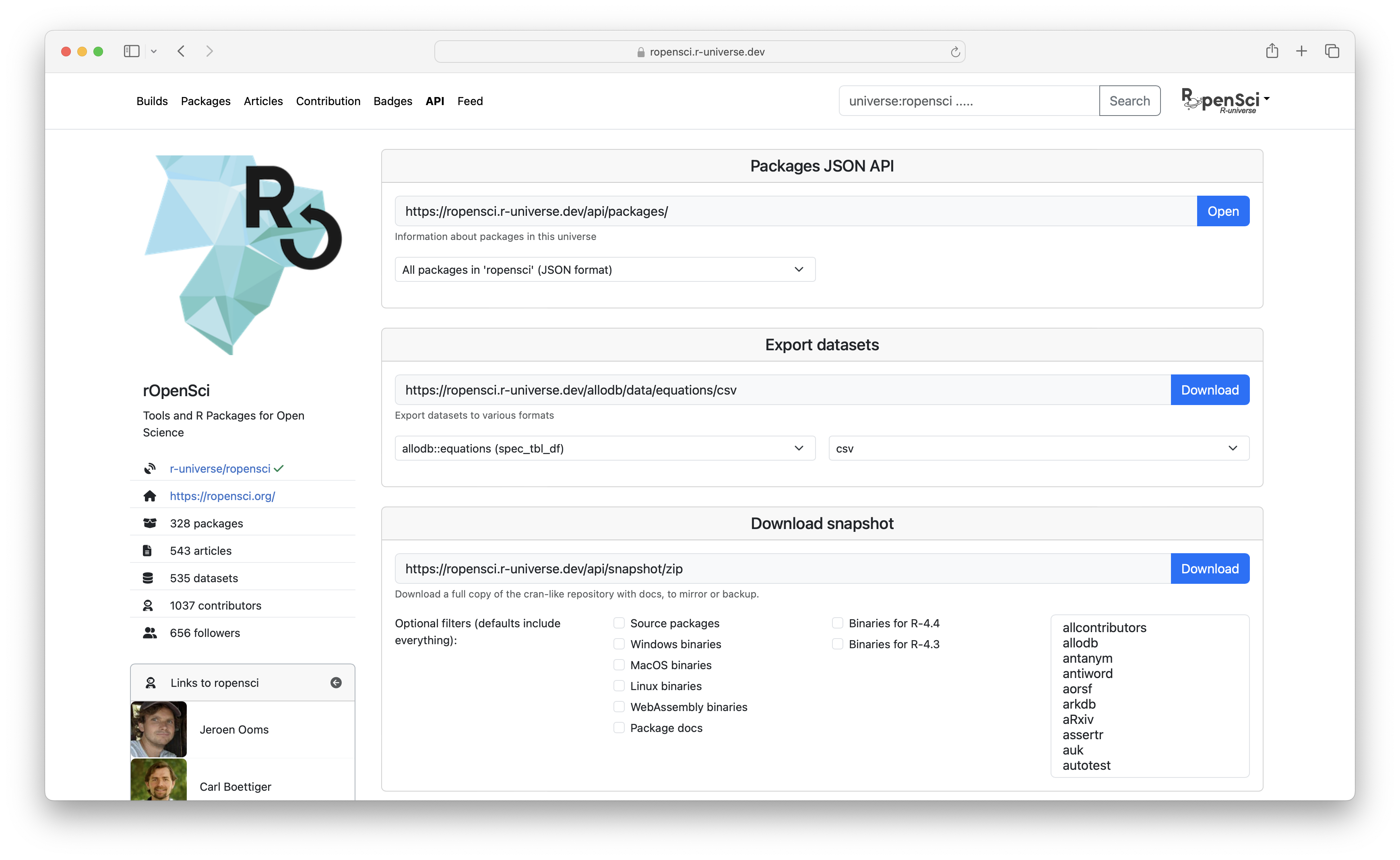 Screenshot of api tab of a repository.