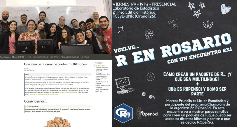 Three panels: A photo of Marcos Prunello with the RenRosario meetup attendees, a screenshoot of Marcos's workshop material, and flyer of the workshop and talk about rOpenSci