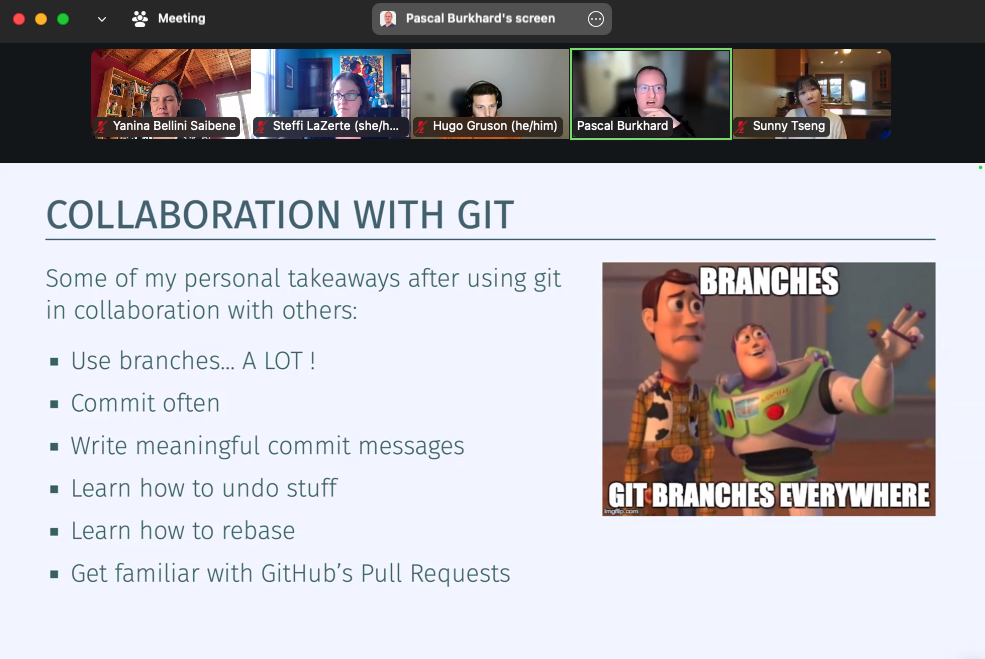 Slide from Pascal's presentation 'Collaboration with git' featuring his main take-aways: use branches a lot, commit often, write meaningful commit messages, learn how to undo stuff, learn how to rebase, and get familiar with GitHub's Pull Requests