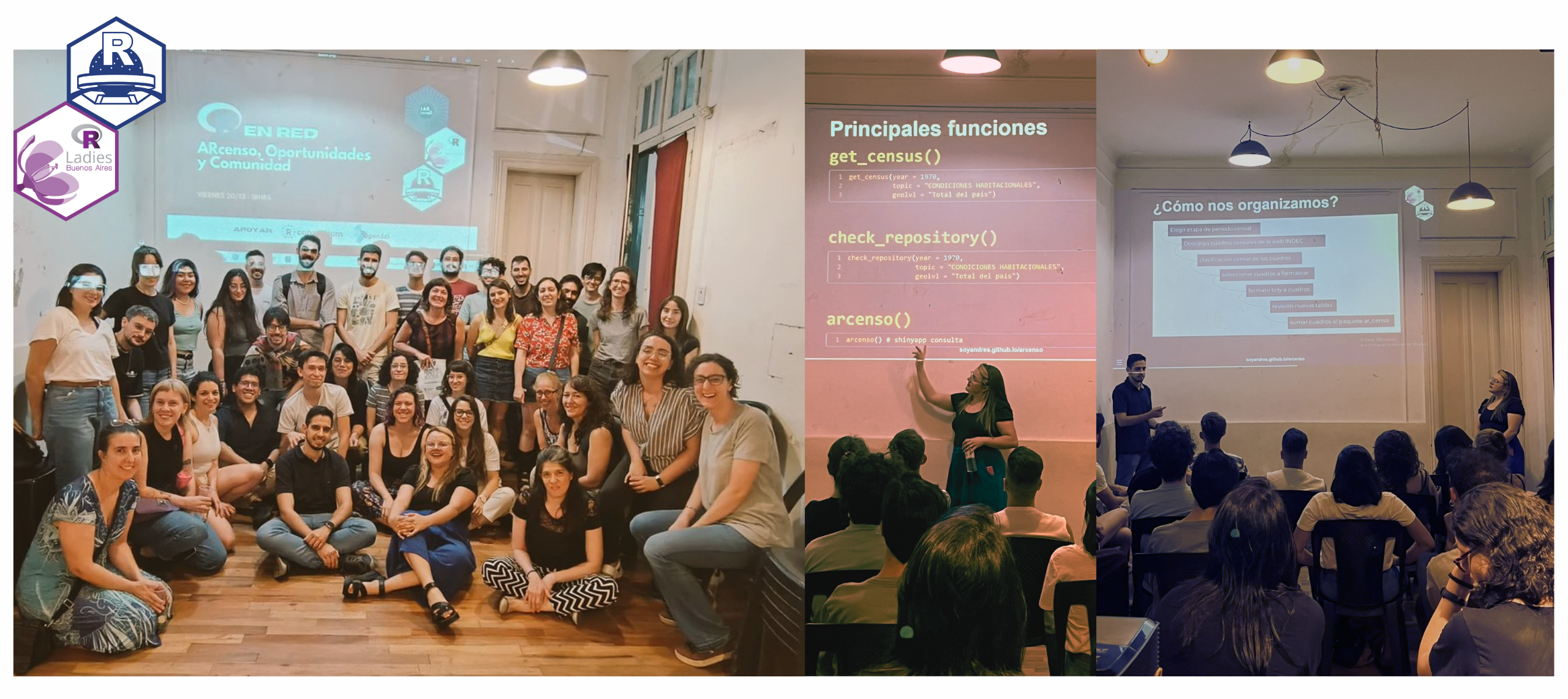 Collage of three moments of the ARcenso, Opportunities and Community event. On the left, group photo of the people who attended the event; in the middle, Andrea presents and points out the main functions of the arcenso package on the screen; on the right, Andrea and Emanuel explain how they organized the work, in front of the meetup participants.