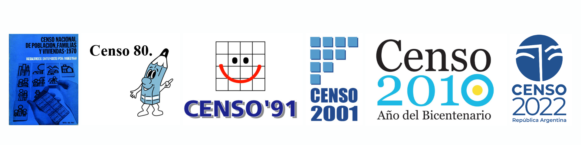 Official logos of the national censuses of Argentina from 1970 to 2022, from left to right, 1970. Blue cover of the report of the National Census of Population, Families and Dwellings, with drawings of dwellings and people; 1980. Animated figure of a smiling pencil with the text 'Census 80'; 1991. Icon with a white grid, two black eyes and a red smile next to the text 'Census '91'; 2001. Blue squares forming a geometric figure and the text 'Census 2001'; 2010. Text 'Census 2010 - Bicentennial Year', with the zero represented as an Argentine cockade; 2022. Blue circle with abstract white lines and the text 'Census 2022 - Argentine Republic'.