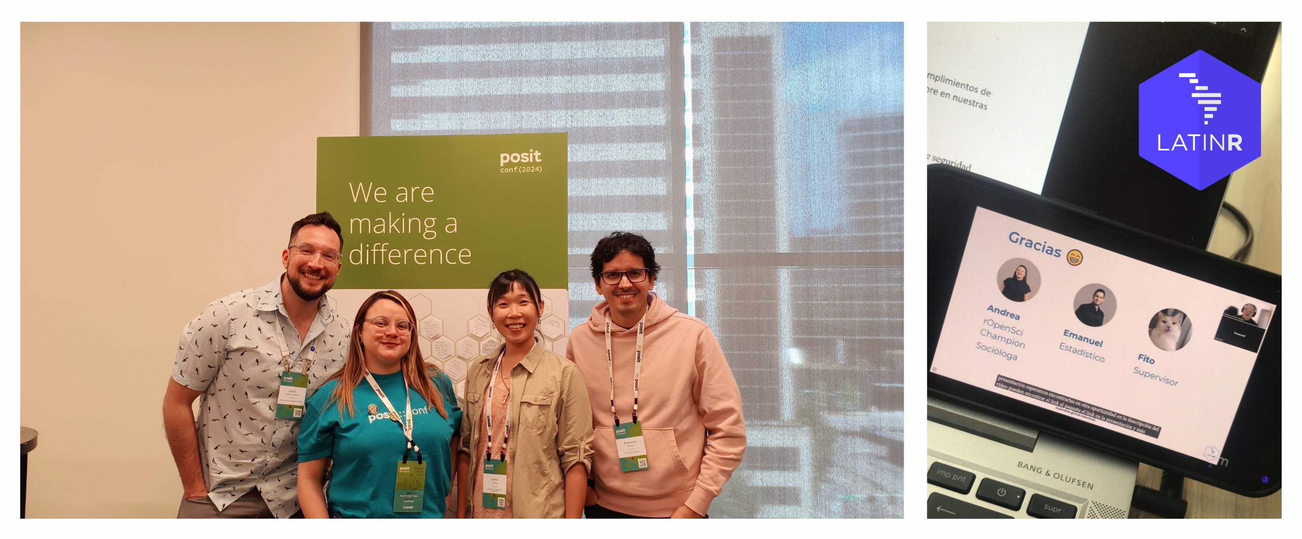 Collage con dos imágenes. A la izquierda, grupo de campeones rOpenSci en la Posit Conf de izquierda a derecha, Luis Verde, Andrea Gomez, Sunny Tseng y Francisco Cardozo. A la derecha, una fotografía de la pantalla durante la presentación del paquete ARcenso en LatinR.