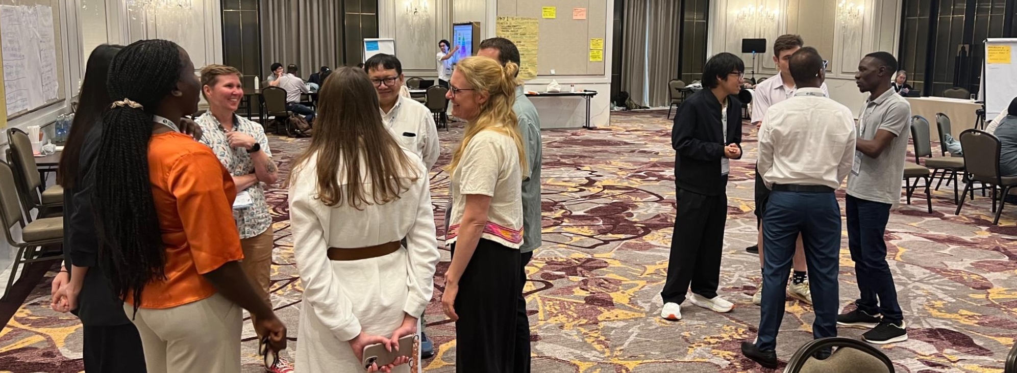 Two groups of stand up people chating between them