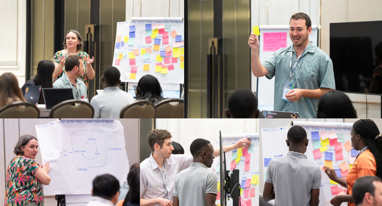 Yanina, Sam and some of the participants talking and putting sticky color notes in the diagram