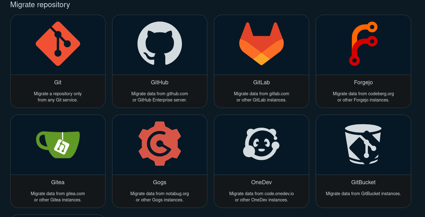 Codeberg repository migration options shown as icons including Git, GitHub, GitLab, Forgejo, Gitea, Gogs, OneDev, and GitBucket